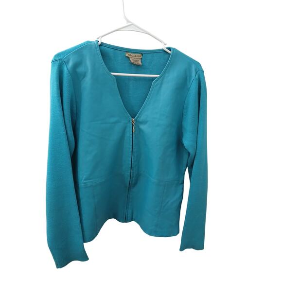 Escapada Vintage Teal VNeck Zippered Leather Bodice & Knit Long Sleeves Jacket L - Picture 1 of 7